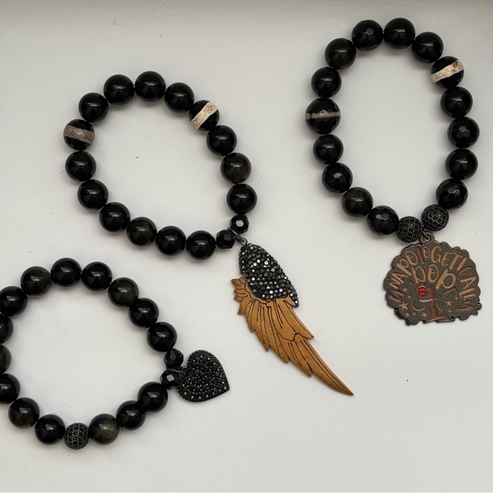 Black Beaded Bracelets with Charms